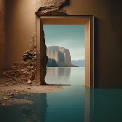 An Image of an Unused Room with Massive Lake and Desert in a Huge Hole Futurecore, High Contrast Chiaroscuro Warm Tones 3