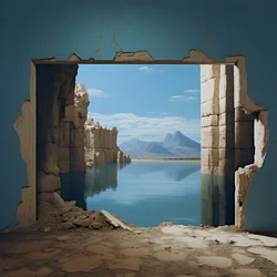 An Image of an Unused Room with Massive Lake and Desert in a Huge Hole Futurecore, High Contrast Chiaroscuro Warm Tones 4