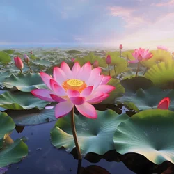 On the Clear Water Surface Bloom Large and Beautiful Lotus Flowers, Green Lotus Leaves and Dew on the Lotus Flowers. The Sunset Shines on the Water Surface 1