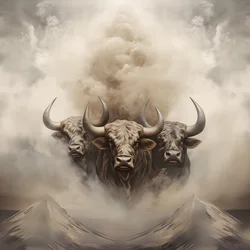 A fractal abstract canvas painting, beige-white-smoke texture. 3 black bulls emerging from the smoke, with Mount Ararat on the horizon. Poses recall bulls on Wall Street in New York. 1
