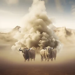 A Fractal Abstract Canvas, Beige-White Smoke Texture. 3 Black Bulls Emerging from the Smoke, with Mount Ararat on the Horizon. Poses Reminiscent of Bulls on Wall Street in New York. 2