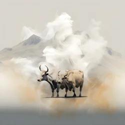 A Fractal Abstract Canvas, Beige-White Smoke Texture. 3 Black Bulls Emerging from the Smoke, with Mount Ararat on the Horizon. Poses Reminiscent of Bulls on Wall Street in New York. 3