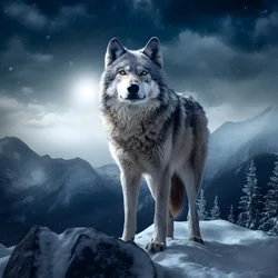 A Majestic Gray Wolf Standing on a Snow-Covered Mountain Peak 1