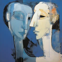 Painting of Two Heads Against a Blue Background 1