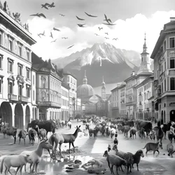 Innsbruck in an Old Photograph with Elegant Zebras, Seagulls, Monkeys, and Clay Figures. 2