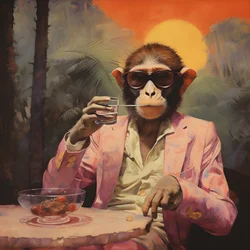 Close-Up of a Cool Monkey in a Japanese Kimono, with Sunglasses, in a Tropical Landscape 2