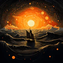 Sunset, Orange-Yellow Sun, Clouds, Five Rotating Circles of Clouds in a Large Sky, Dot-Like Waves and Orange-Yellow Sunset Clouds Reflecting on the Waves, a Boat Sailing Out to Sea 3