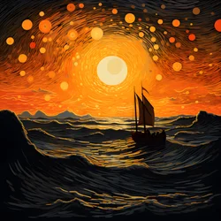 Sunset, Orange-Yellow Sun, Clouds, Five Rotating Circles of Clouds in a Large Sky, Dot-Like Waves and Orange-Yellow Sunset Clouds Reflecting on the Waves, a Boat Sailing Out to Sea 4