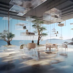 Transparent Building with Island Table