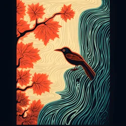 Ultra-Minimalist Illustration of a Colorful Tropical Bird Sitting on a Branched Plant in Front of a Mountain Stream with a Beautiful Waterfall 4