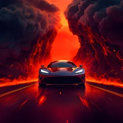 A luxury car on a path with glowing red background