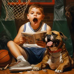 A 10-Year-Old Boy Holding a Folder and His Dog 4
