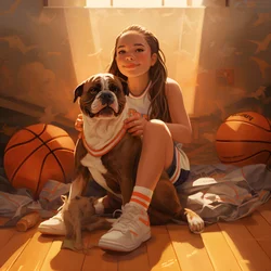 A 10-Year-Old Girl Sitting Waiting with Her Dog on the Ground Holding a Folder with the Picture 4