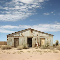 Hyperrealistic Photographic Image of an Old Weathered Warehouse with Faded Paint and Boarded-Up Windows 1
