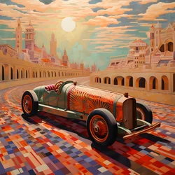 Beautiful, Elegant, Minimalist, Quilted Masterpiece in the Artistic Style of Shepard Fairey: 1 in Commemoration of the Grand Prix of Monaco 1940, Historic Race Cars Competing 4