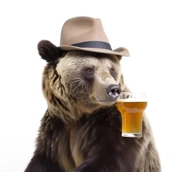 A Bear with a Top Hat and a Beer Mug Facing and in Profile on a White Background 4