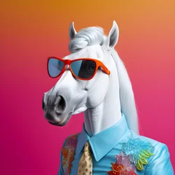 White Horse with Rainbow Glasses on Blue Background 3