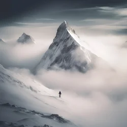 Two People Skiing Over a Cloudy Mountain 1