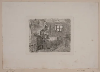 Farmhouse with a Knitting Woman
