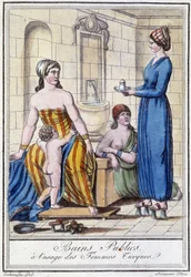 Public baths for the use of Turkish women - in Encyclopedia of Travels by J. Grasset St Sauveur, Deroy, Paris