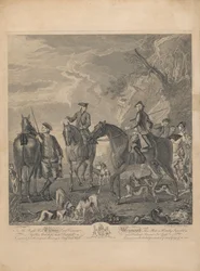 Riders and Hounds Resting in a Rocky Landscape