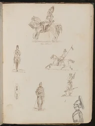 Six Studies of Soldiers, One on Horseback Inscribed "the Blues", Small Study of Horse from the Front