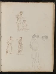 Two pen studies of pairs of soldiers in conversation, one pencil study of two young men in conversation