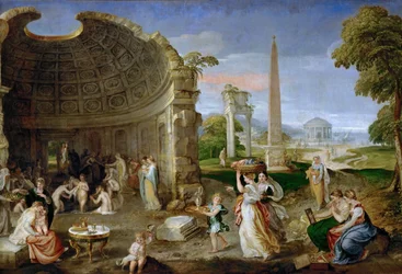 Landscape with antique ruins and bathing women