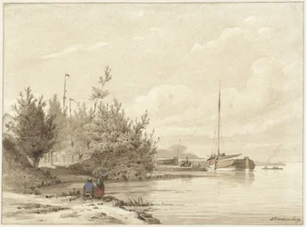 Landscape with Moored Boats on a Riverbank