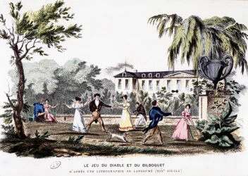 Ancient games: The game of the devil (diabolo) and the bilboquet, based on a lithograph of Langlumé