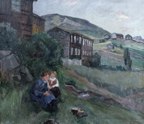 From Gudbrandsdalen, woman and child in landscape