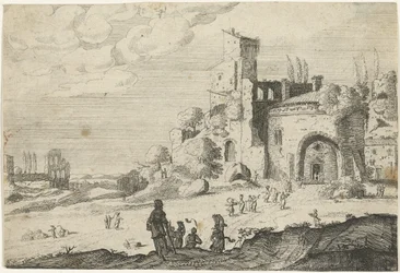 A Group of Women Walking Towards a Building (Landscapes with Ancient Roman Buildings)