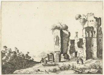 Man leaning on a stick in front of ruins (Landscapes with ancient Roman buildings)