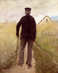 Old man walking in a rye field