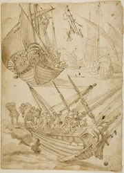 Crew Abandoning Ship (recto) Sketches of Corinthian Columns (verso)