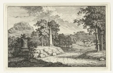 Hilly Landscape with Obelisk by the Road