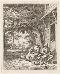 Family with Dog Sitting in Front of a House