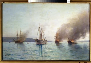 Russian Torpedo Boat Tender Grand Duke Konstantin Destroying The Turkish Ships at Bosphorus in 1877