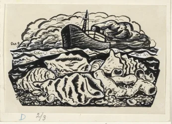 Steamship at Sea with Shells on the Beach
