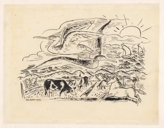 Two Birds Flying Over a Landscape with Cattle