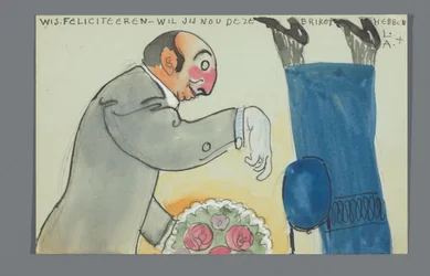 Postcard with a Drawing of the Lower Body of An Overtoom and Upper Body of Leo Gestel with Bouquet