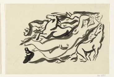 Naked Woman and Two Horses in the Sea