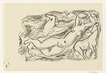 Naked Woman and Two Horses in the Sea