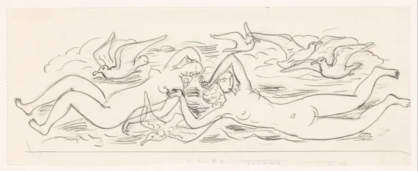 Two Nude Bathing Women and Five Seagulls