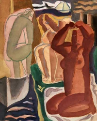 Two Bathing Women and a Bridge Figure