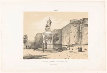 View of the statue of René I of Anjou and the castle of Angers (Contemporary France)