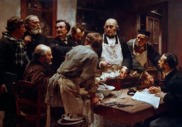 The dissection course of Dr. Claude Bernard in the presence of his pupils Paul Bert and Arsene d