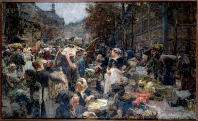 The crowd of the Marche des Halles in Paris in the 19th century