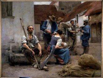 The payroll of peasant harvesters in a farmyard, one of them holds a scythe. Painting by Léon Augustin Lhermitte (1844-1925), 1882. Sun. 2.15 x 2.72 m. Paris, Musée d