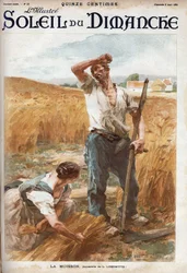 The harvest. Peasants mowing the wheat in a field. (based on the watercolour of L. Lhermitte) Engraving in Le sun-du-dimanche, August 6
